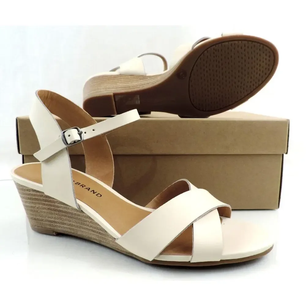 Women's Shoes Lucky Brand Jaidan Low Wedge Sandals Leather Linen Beige Size 10